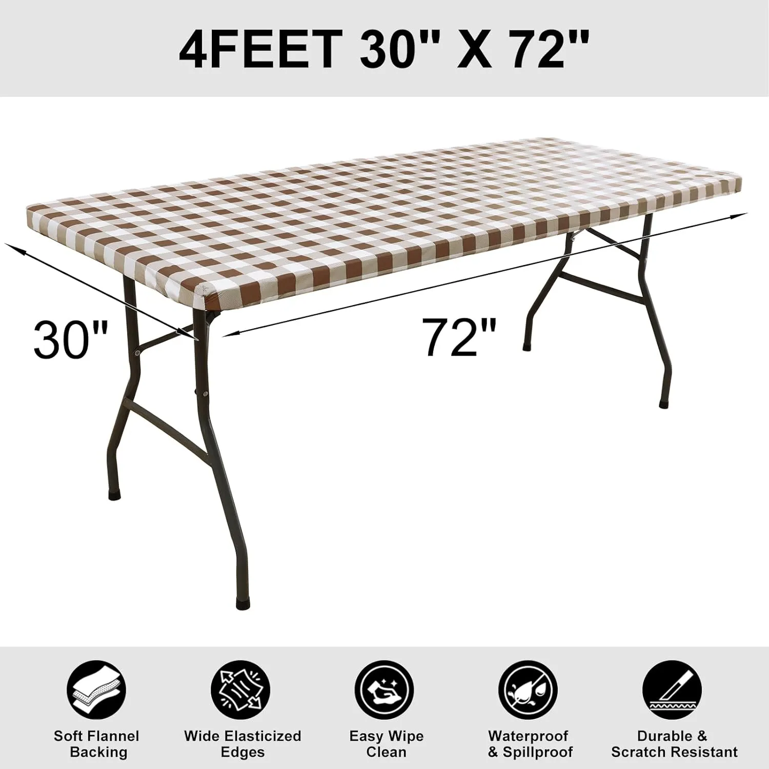 Smiry Rectangle Picnic Table Cloth, Elastic Waterproof Fitted Vinyl Tablecloth for 6 FT Tables, Flannel Backed Buffalo Plaid Table Covers for Dining, Camping, Outdoor (White and Brown, 30" x 72")