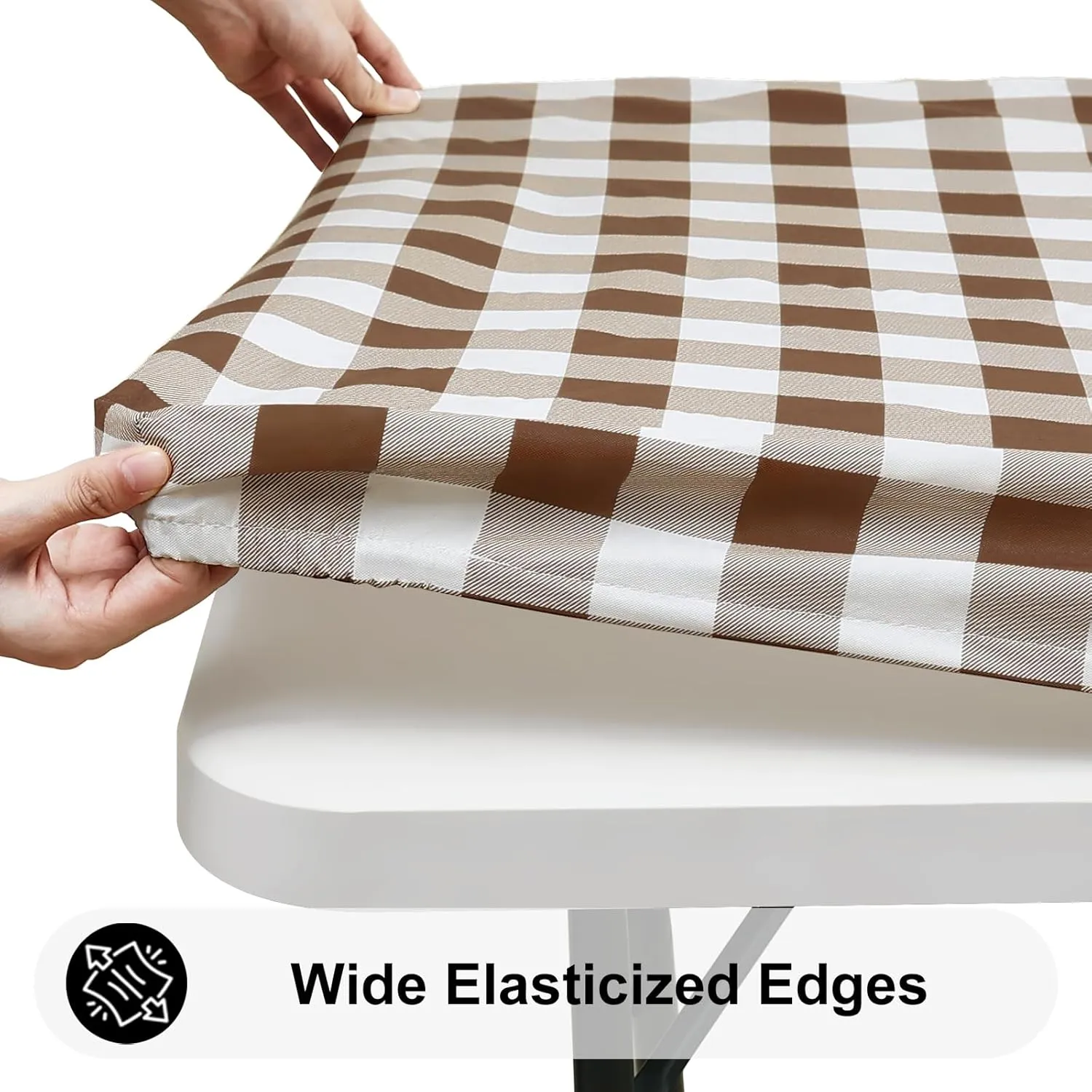 Smiry Rectangle Picnic Table Cloth, Elastic Waterproof Fitted Vinyl Tablecloth for 6 FT Tables, Flannel Backed Buffalo Plaid Table Covers for Dining, Camping, Outdoor (White and Brown, 30" x 72")