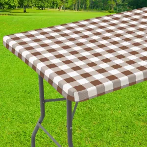 Smiry Rectangle Picnic Table Cloth, Elastic Waterproof Fitted Vinyl Tablecloth for 6 FT Tables, Flannel Backed Buffalo Plaid Table Covers for Dining, Camping, Outdoor (White and Brown, 30" x 72")