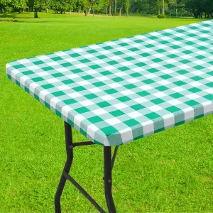 Smiry Rectangle Picnic Table Cloth, Elastic Waterproof Fitted Vinyl Tablecloth for 6 FT Tables, Flannel Backed Buffalo Plaid Table Covers for Dining, Camping, Outdoor (White and Green, 30" x 72")