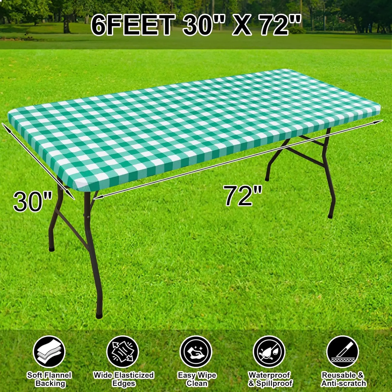 Smiry Rectangle Picnic Table Cloth, Elastic Waterproof Fitted Vinyl Tablecloth for 6 FT Tables, Flannel Backed Buffalo Plaid Table Covers for Dining, Camping, Outdoor (White and Green, 30" x 72")