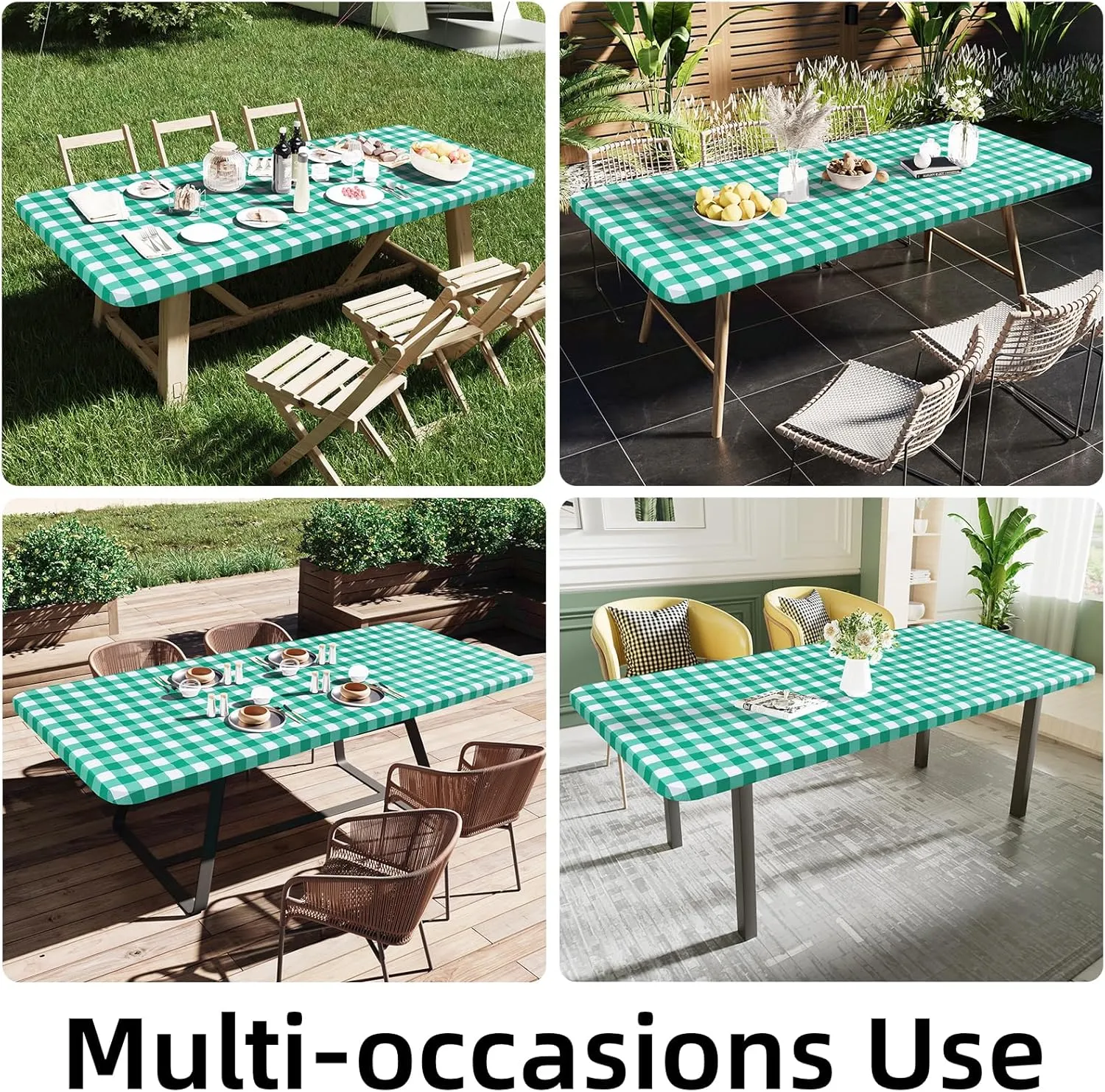Smiry Rectangle Picnic Table Cloth, Elastic Waterproof Fitted Vinyl Tablecloth for 6 FT Tables, Flannel Backed Buffalo Plaid Table Covers for Dining, Camping, Outdoor (White and Green, 30" x 72")