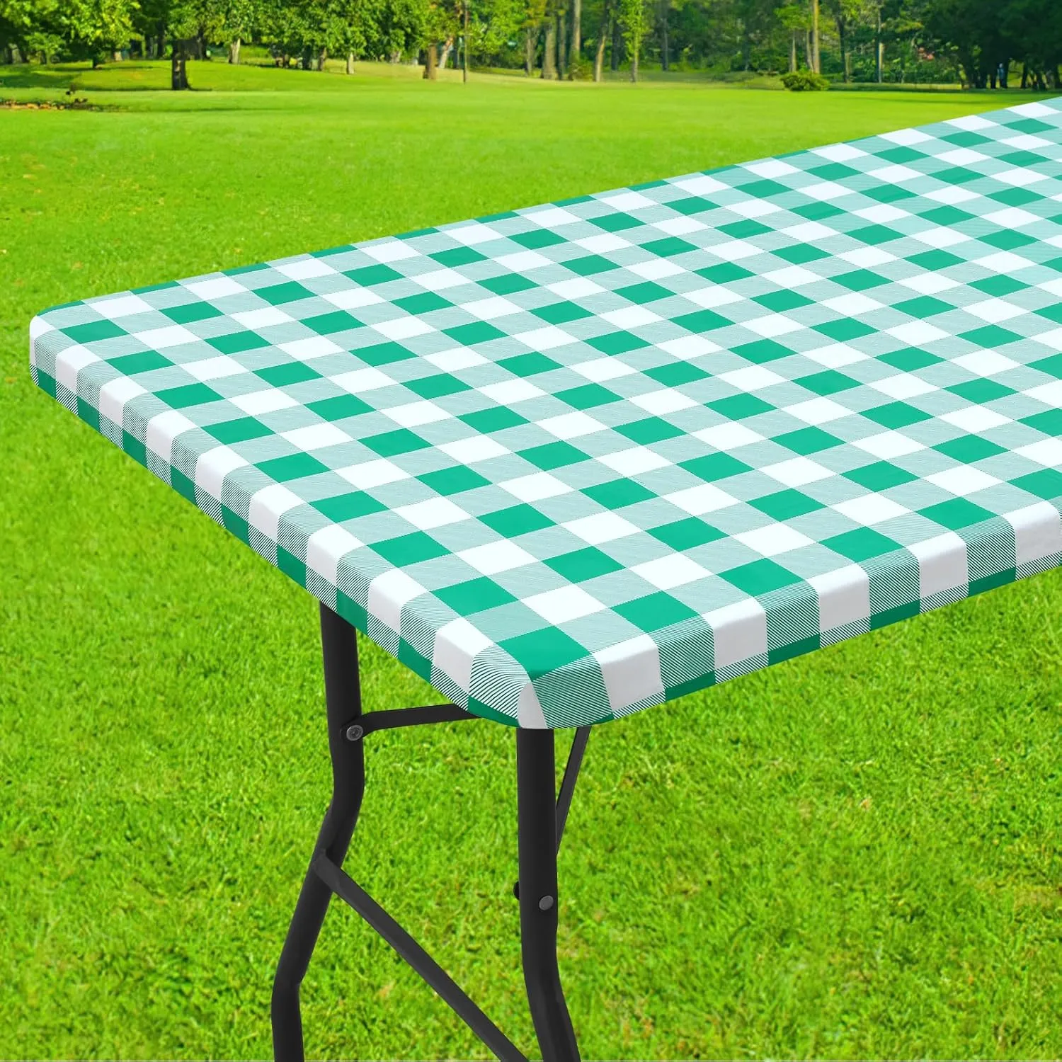 Smiry Rectangle Picnic Table Cloth, Elastic Waterproof Fitted Vinyl Tablecloth for 6 FT Tables, Flannel Backed Buffalo Plaid Table Covers for Dining, Camping, Outdoor (White and Green, 30" x 72")