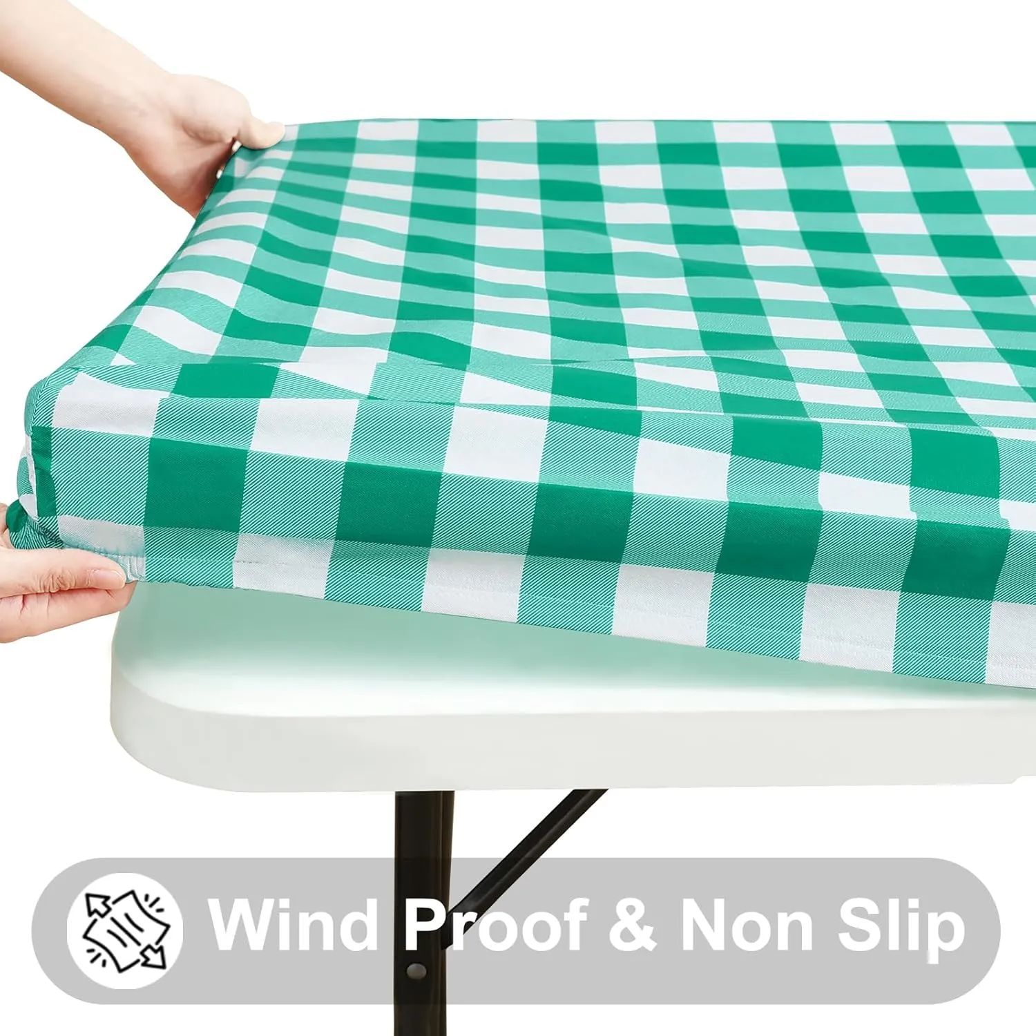 Smiry Rectangle Picnic Table Cloth, Elastic Waterproof Fitted Vinyl Tablecloth for 6 FT Tables, Flannel Backed Buffalo Plaid Table Covers for Dining, Camping, Outdoor (White and Green, 30" x 72")