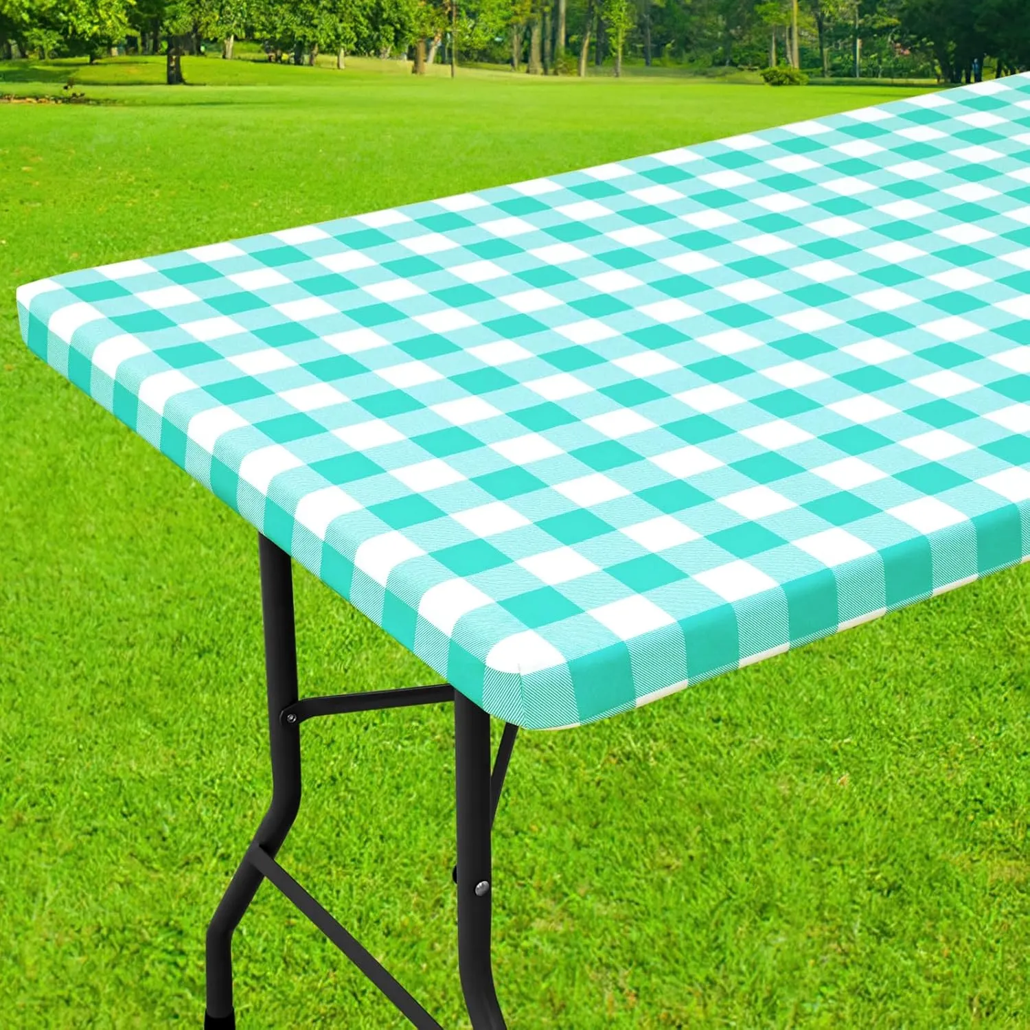 Smiry Rectangle Picnic Table Cloth, Elastic Waterproof Fitted Vinyl Tablecloth for 6 FT Tables, Flannel Backed Buffalo Plaid Table Covers for Dining, Camping, Outdoor (White and Teal, 30" x 72")