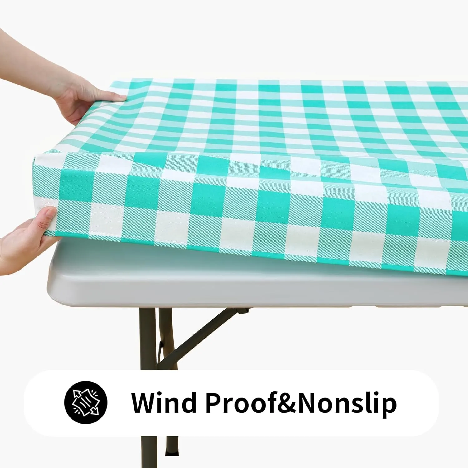 Smiry Rectangle Picnic Table Cloth, Elastic Waterproof Fitted Vinyl Tablecloth for 6 FT Tables, Flannel Backed Buffalo Plaid Table Covers for Dining, Camping, Outdoor (White and Teal, 30" x 72")