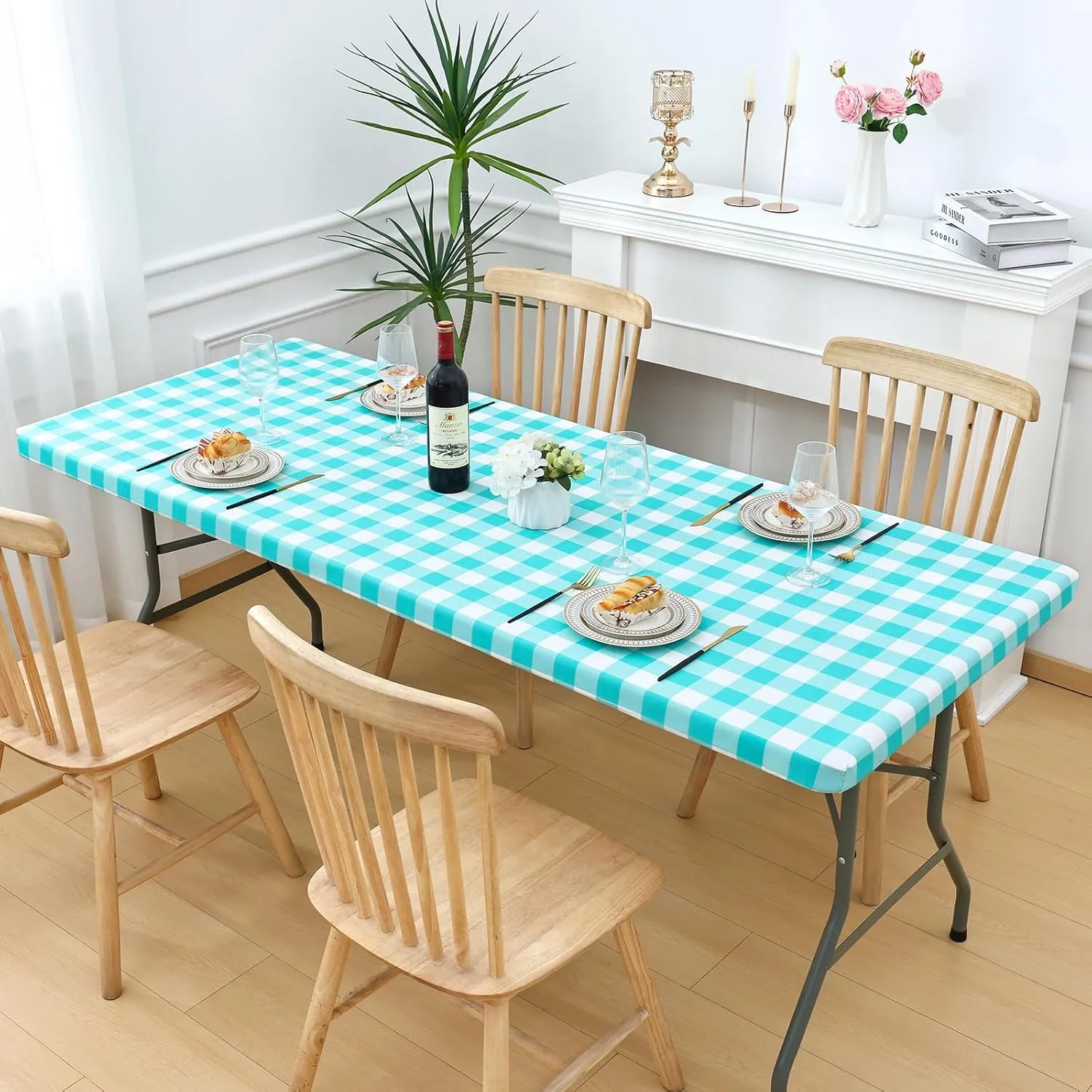 Smiry Rectangle Picnic Table Cloth, Elastic Waterproof Fitted Vinyl Tablecloth for 6 FT Tables, Flannel Backed Buffalo Plaid Table Covers for Dining, Camping, Outdoor (White and Teal, 30" x 72")