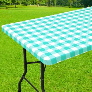 Smiry Rectangle Picnic Table Cloth, Elastic Waterproof Fitted Vinyl Tablecloth for 6 FT Tables, Flannel Backed Buffalo Plaid Table Covers for Dining, Camping, Outdoor (White and Teal, 30" x 72")
