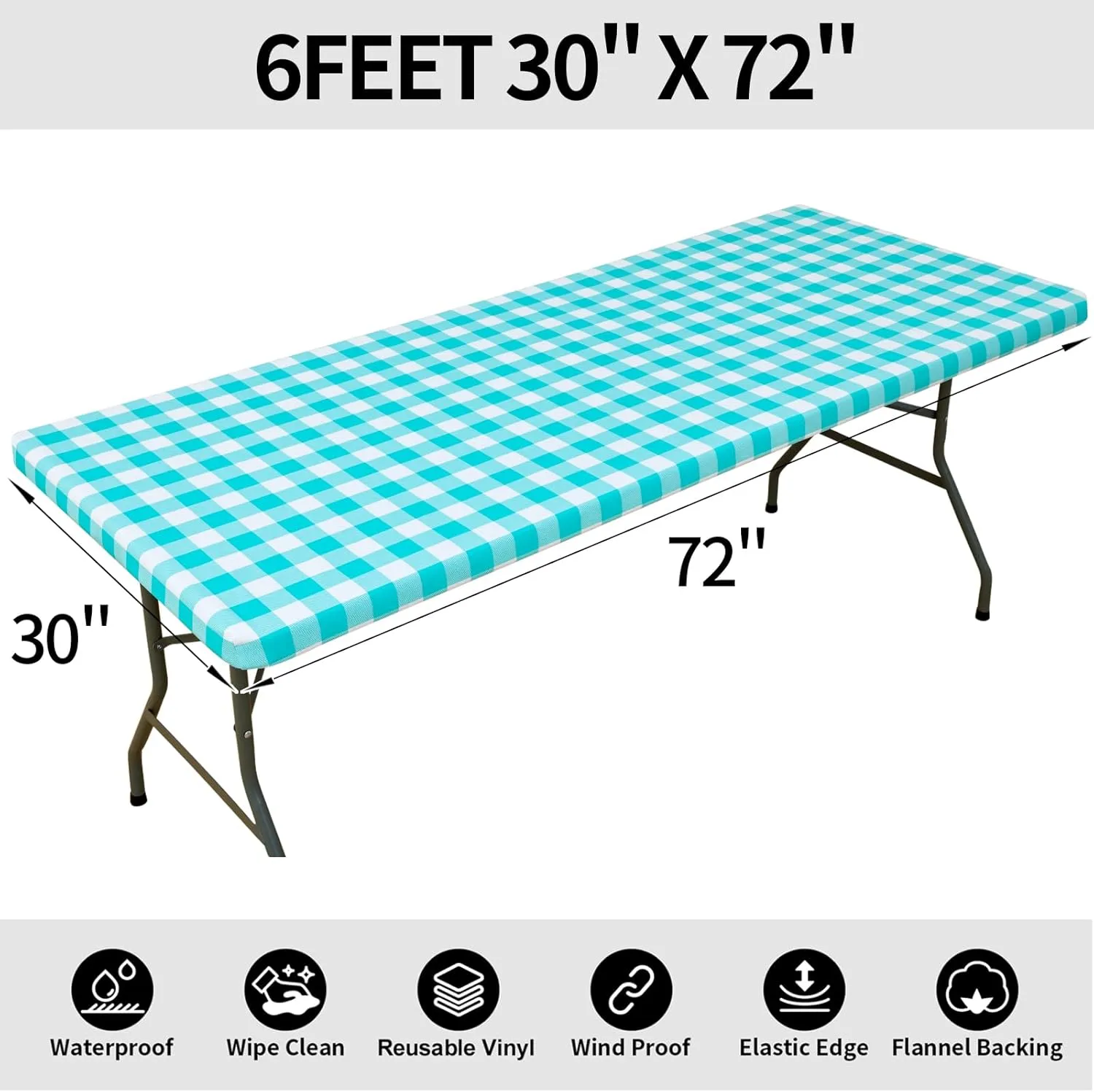 Smiry Rectangle Picnic Table Cloth, Elastic Waterproof Fitted Vinyl Tablecloth for 6 FT Tables, Flannel Backed Buffalo Plaid Table Covers for Dining, Camping, Outdoor (White and Teal, 30" x 72")