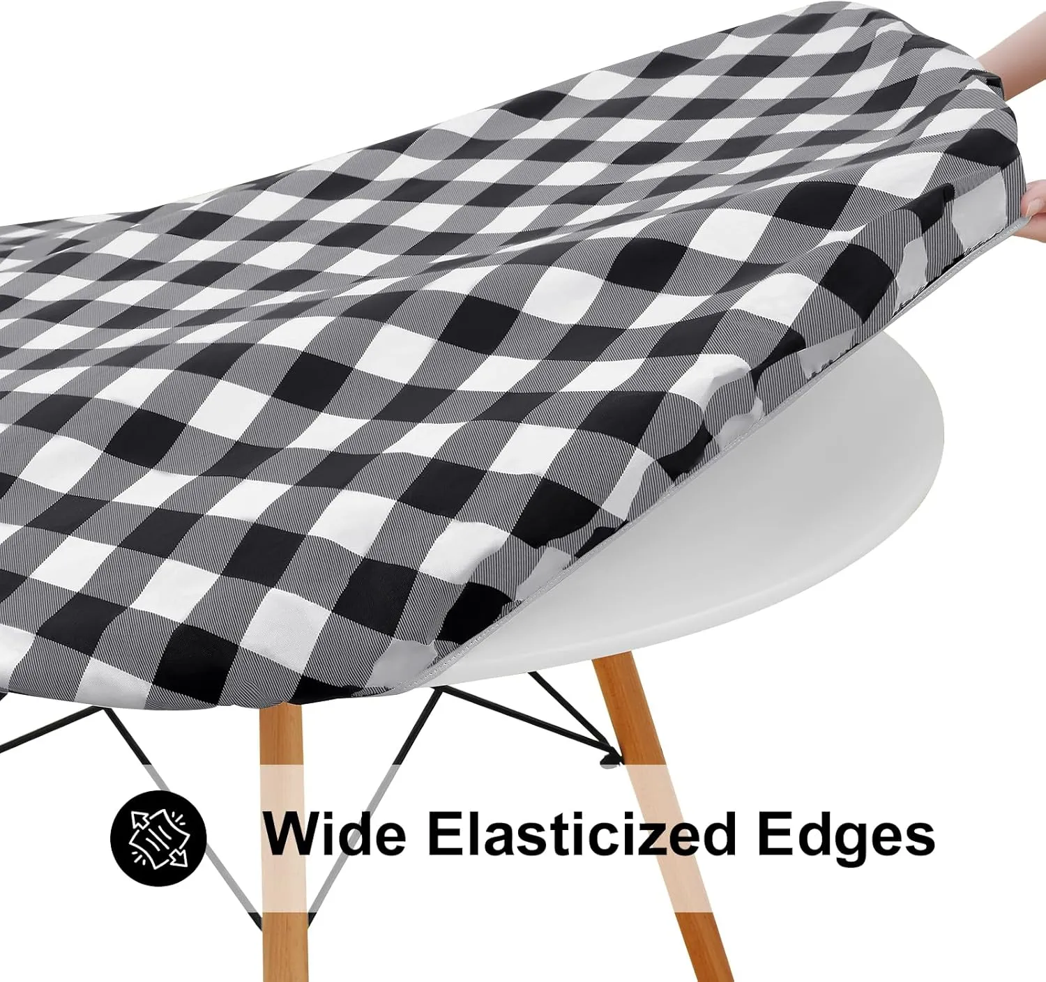 Smiry Round Picnic Table Cloth, Elastic Waterproof Fitted Vinyl Tablecloth for 45"-56" Tables, Flannel Backed Buffalo Plaid Table Covers for Dining, Camping, Outdoor, Black and White