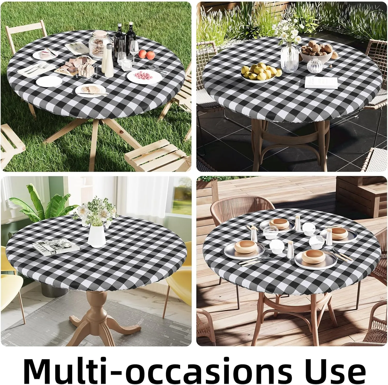 Smiry Round Picnic Table Cloth, Elastic Waterproof Fitted Vinyl Tablecloth for 45"-56" Tables, Flannel Backed Buffalo Plaid Table Covers for Dining, Camping, Outdoor, Black and White