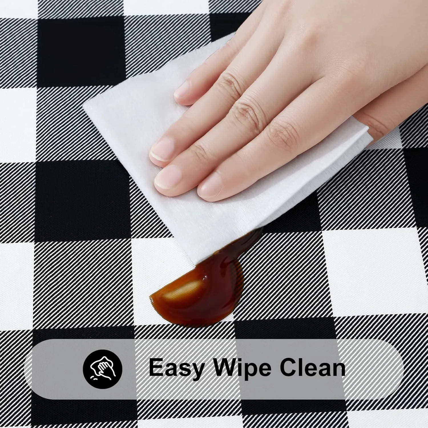 Smiry Round Picnic Table Cloth, Elastic Waterproof Fitted Vinyl Tablecloth for 45"-56" Tables, Flannel Backed Buffalo Plaid Table Covers for Dining, Camping, Outdoor, Black and White