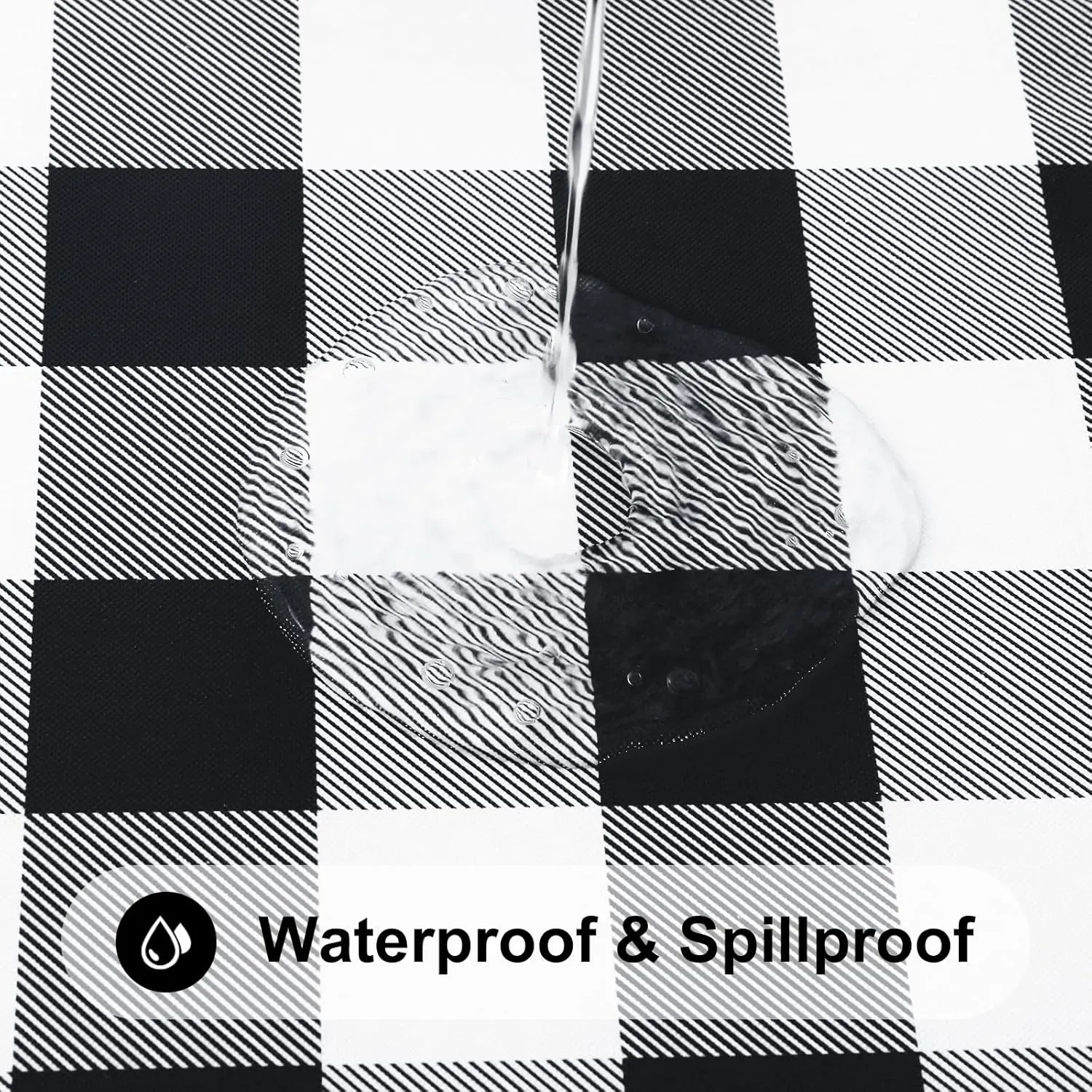 Smiry Round Picnic Table Cloth, Elastic Waterproof Fitted Vinyl Tablecloth for 45"-56" Tables, Flannel Backed Buffalo Plaid Table Covers for Dining, Camping, Outdoor, Black and White
