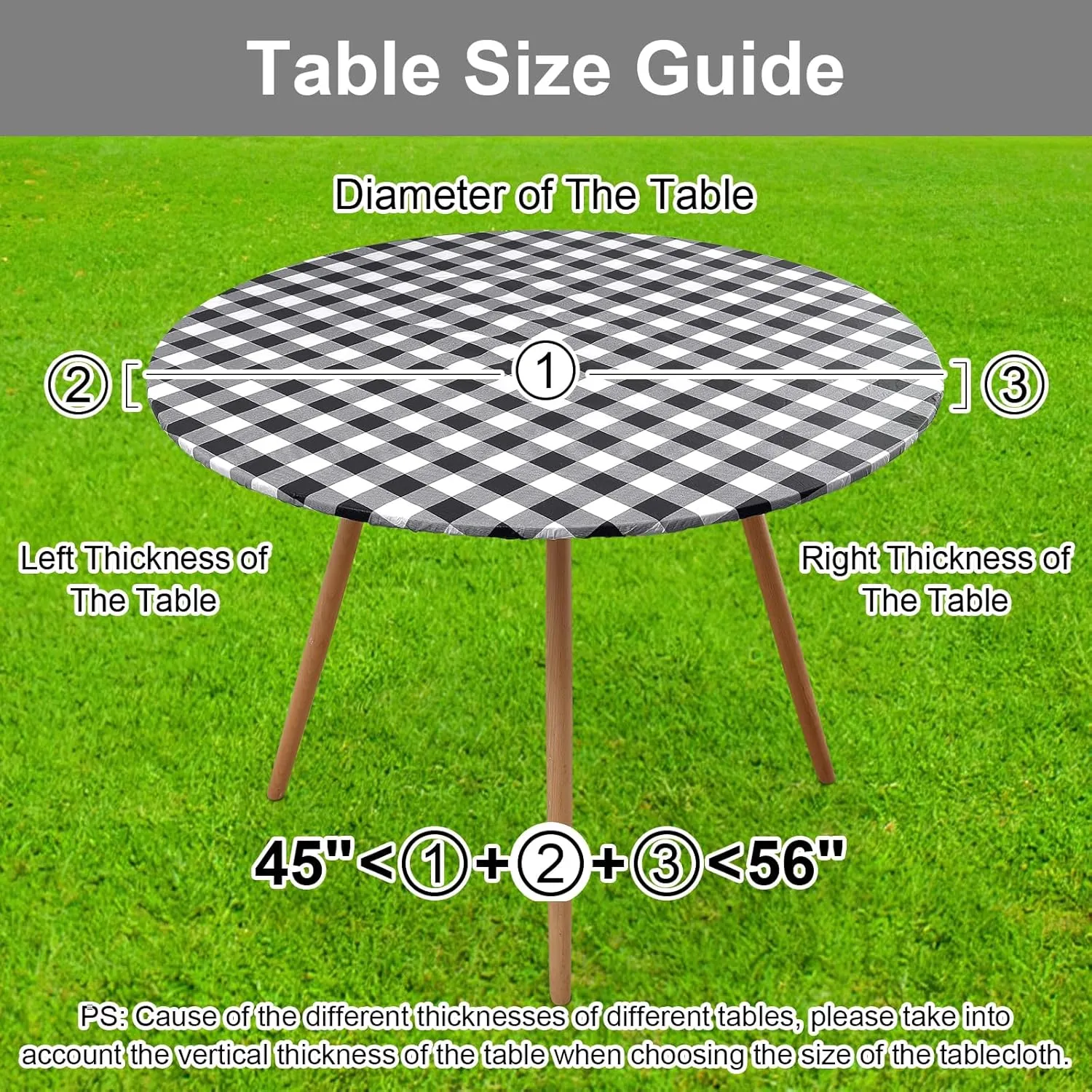 Smiry Round Picnic Table Cloth, Elastic Waterproof Fitted Vinyl Tablecloth for 45"-56" Tables, Flannel Backed Buffalo Plaid Table Covers for Dining, Camping, Outdoor, Black and White