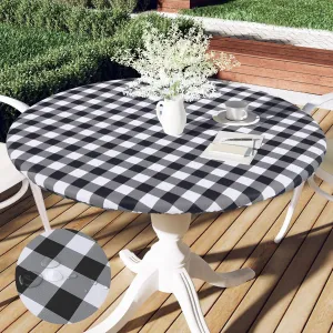 Smiry Round Picnic Table Cloth, Elastic Waterproof Fitted Vinyl Tablecloth for 45"-56" Tables, Flannel Backed Buffalo Plaid Table Covers for Dining, Camping, Outdoor, Black and White