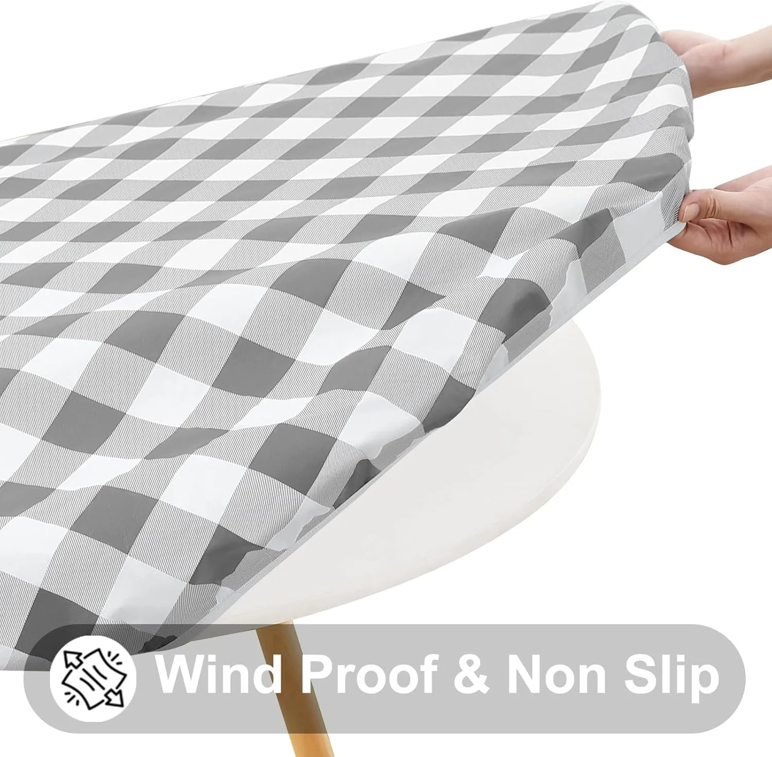 Smiry Round Picnic Table Cloth, Elastic Waterproof Fitted Vinyl Tablecloth for 45"-56" Tables, Flannel Backed Buffalo Plaid Table Covers for Dining, Camping, Outdoor, White and Grey