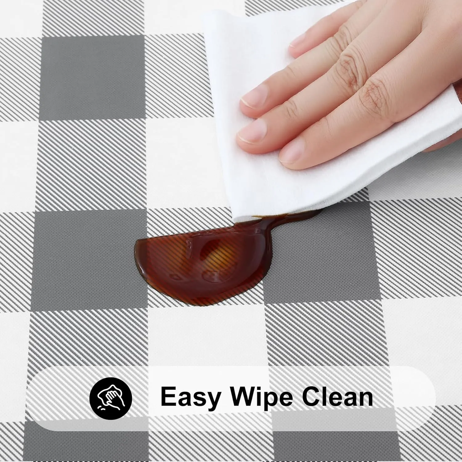 Smiry Round Picnic Table Cloth, Elastic Waterproof Fitted Vinyl Tablecloth for 45"-56" Tables, Flannel Backed Buffalo Plaid Table Covers for Dining, Camping, Outdoor, White and Grey