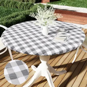 Smiry Round Picnic Table Cloth, Elastic Waterproof Fitted Vinyl Tablecloth for 45"-56" Tables, Flannel Backed Buffalo Plaid Table Covers for Dining, Camping, Outdoor, White and Grey