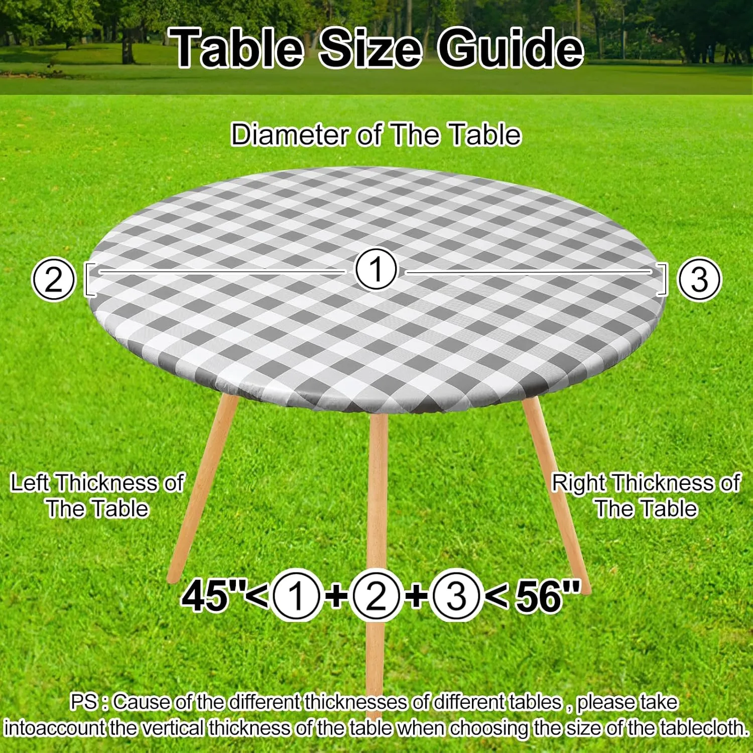 Smiry Round Picnic Table Cloth, Elastic Waterproof Fitted Vinyl Tablecloth for 45"-56" Tables, Flannel Backed Buffalo Plaid Table Covers for Dining, Camping, Outdoor, White and Grey