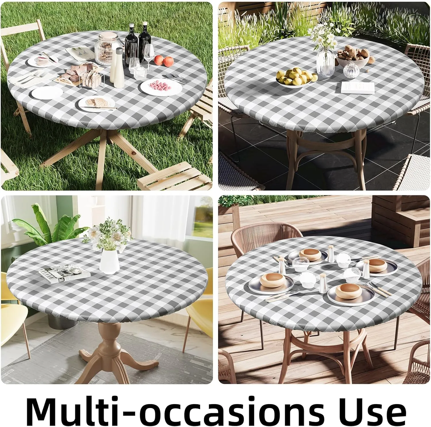 Smiry Round Picnic Table Cloth, Elastic Waterproof Fitted Vinyl Tablecloth for 45"-56" Tables, Flannel Backed Buffalo Plaid Table Covers for Dining, Camping, Outdoor, White and Grey