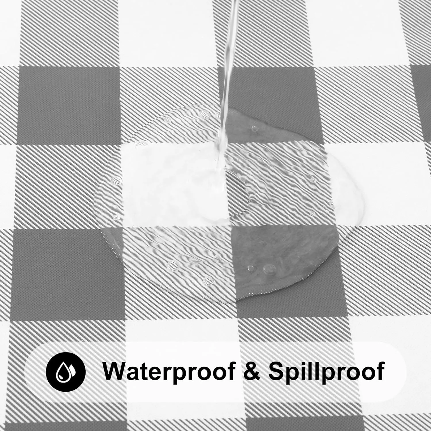 Smiry Round Picnic Table Cloth, Elastic Waterproof Fitted Vinyl Tablecloth for 45"-56" Tables, Flannel Backed Buffalo Plaid Table Covers for Dining, Camping, Outdoor, White and Grey