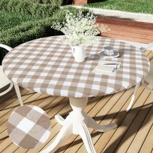 Smiry Round Picnic Table Cloth, Elastic Waterproof Fitted Vinyl Tablecloth for 45"-56" Tables, Flannel Backed Buffalo Plaid Table Covers for Dining, Camping, Outdoor, White and Khaki