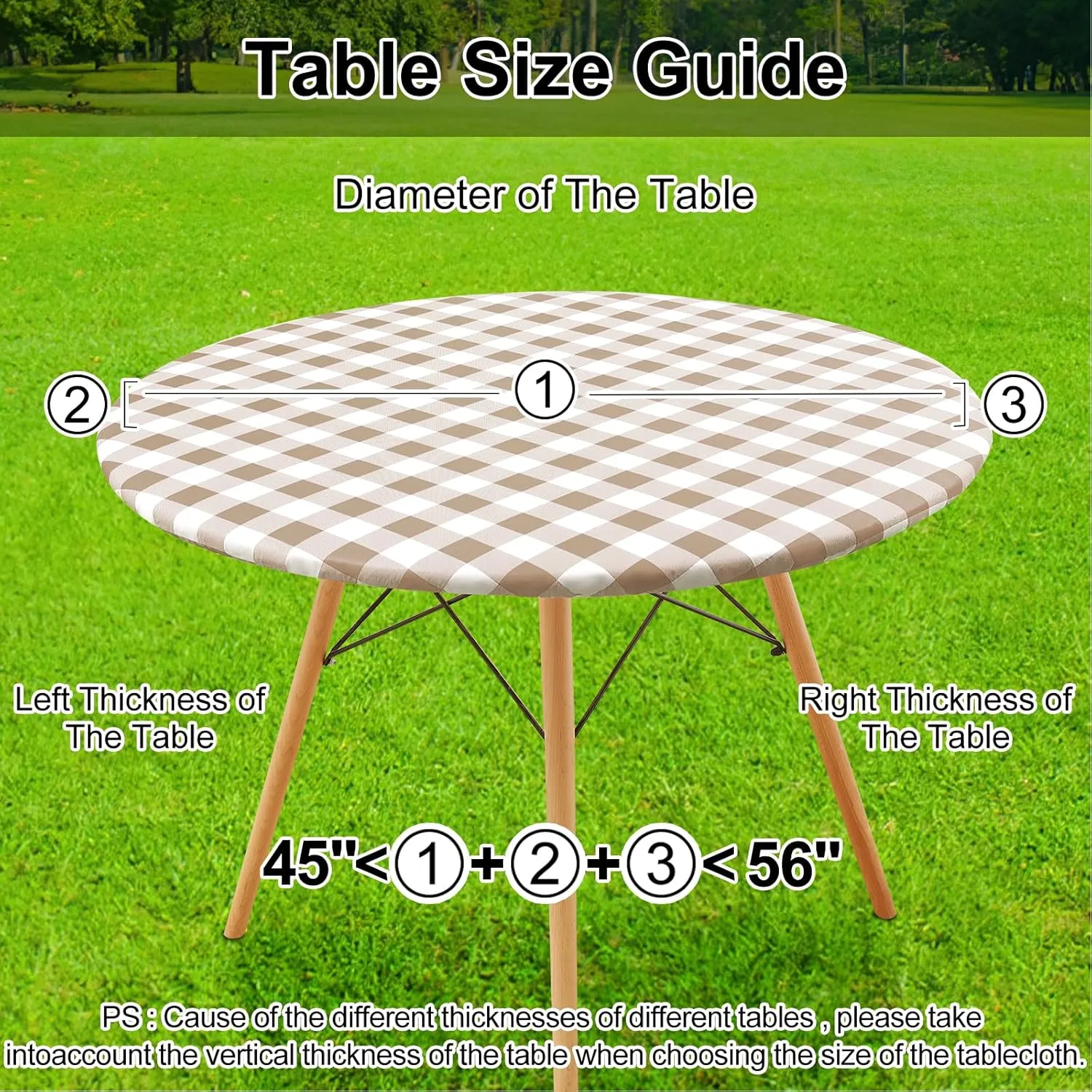 Smiry Round Picnic Table Cloth, Elastic Waterproof Fitted Vinyl Tablecloth for 45"-56" Tables, Flannel Backed Buffalo Plaid Table Covers for Dining, Camping, Outdoor, White and Khaki