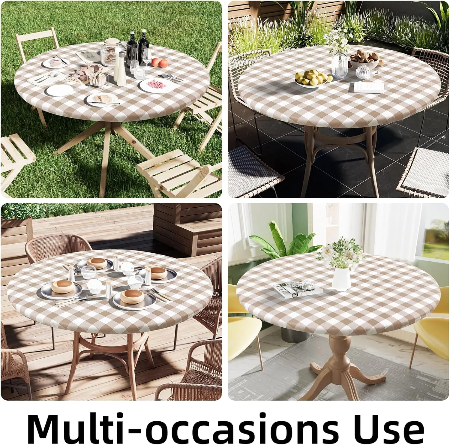 Smiry Round Picnic Table Cloth, Elastic Waterproof Fitted Vinyl Tablecloth for 45"-56" Tables, Flannel Backed Buffalo Plaid Table Covers for Dining, Camping, Outdoor, White and Khaki