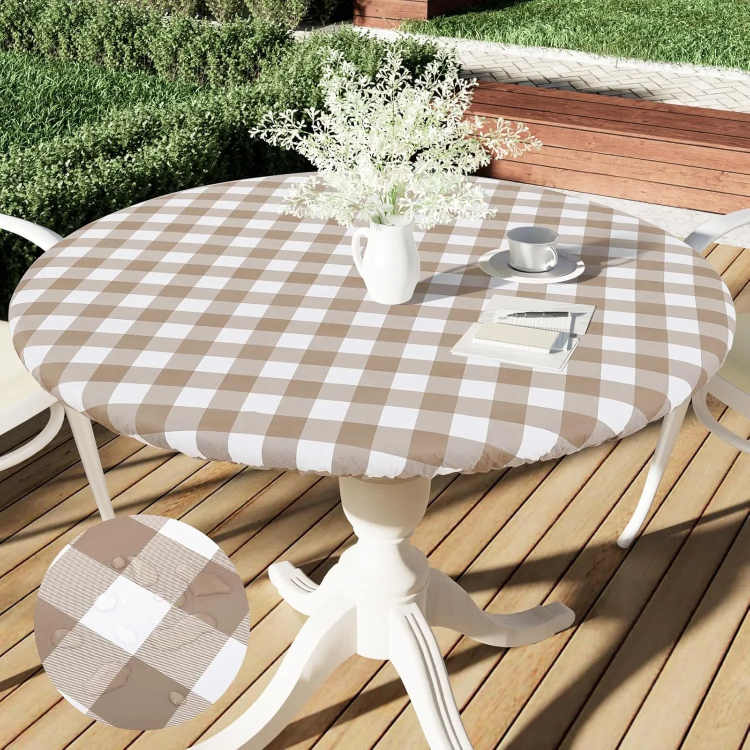 Smiry Round Picnic Table Cloth, Elastic Waterproof Fitted Vinyl Tablecloth for 45"-56" Tables, Flannel Backed Buffalo Plaid Table Covers for Dining, Camping, Outdoor, White and Khaki