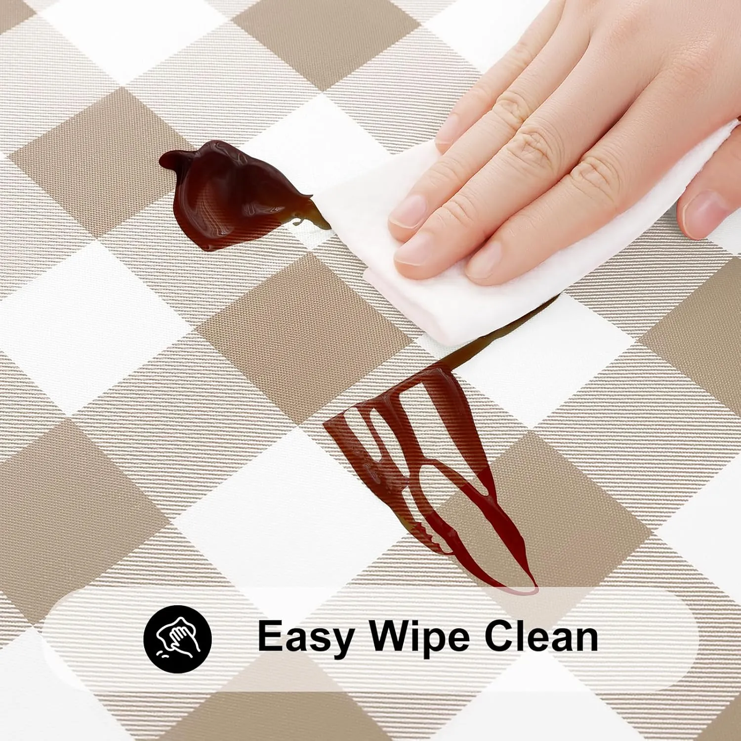 Smiry Round Picnic Table Cloth, Elastic Waterproof Fitted Vinyl Tablecloth for 45"-56" Tables, Flannel Backed Buffalo Plaid Table Covers for Dining, Camping, Outdoor, White and Khaki