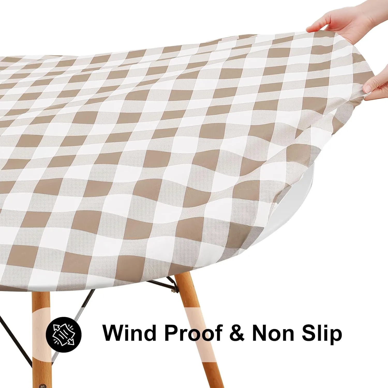Smiry Round Picnic Table Cloth, Elastic Waterproof Fitted Vinyl Tablecloth for 45"-56" Tables, Flannel Backed Buffalo Plaid Table Covers for Dining, Camping, Outdoor, White and Khaki