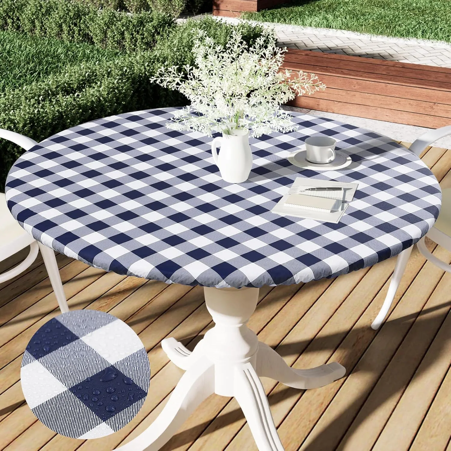 Smiry Round Picnic Table Cloth, Elastic Waterproof Fitted Vinyl Tablecloth for 45"-56" Tables, Flannel Backed Buffalo Plaid Table Covers for Dining, Camping, Outdoor, White and Navy
