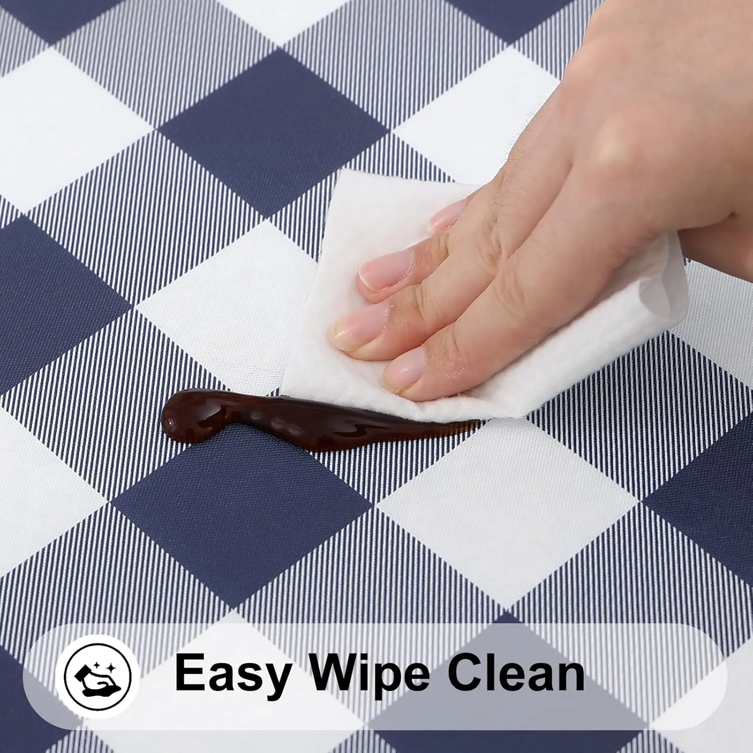 Smiry Round Picnic Table Cloth, Elastic Waterproof Fitted Vinyl Tablecloth for 45"-56" Tables, Flannel Backed Buffalo Plaid Table Covers for Dining, Camping, Outdoor, White and Navy