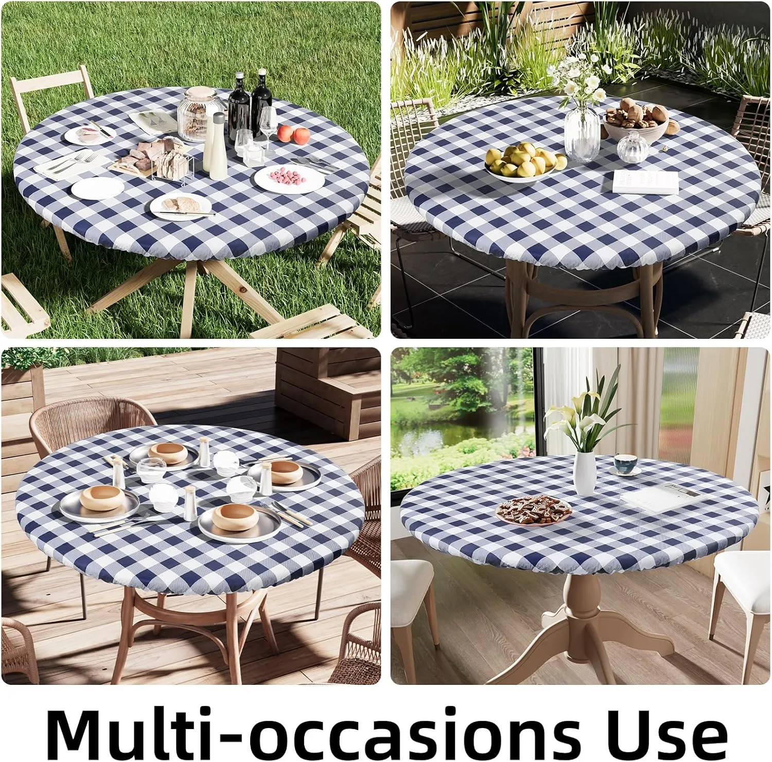Smiry Round Picnic Table Cloth, Elastic Waterproof Fitted Vinyl Tablecloth for 45"-56" Tables, Flannel Backed Buffalo Plaid Table Covers for Dining, Camping, Outdoor, White and Navy