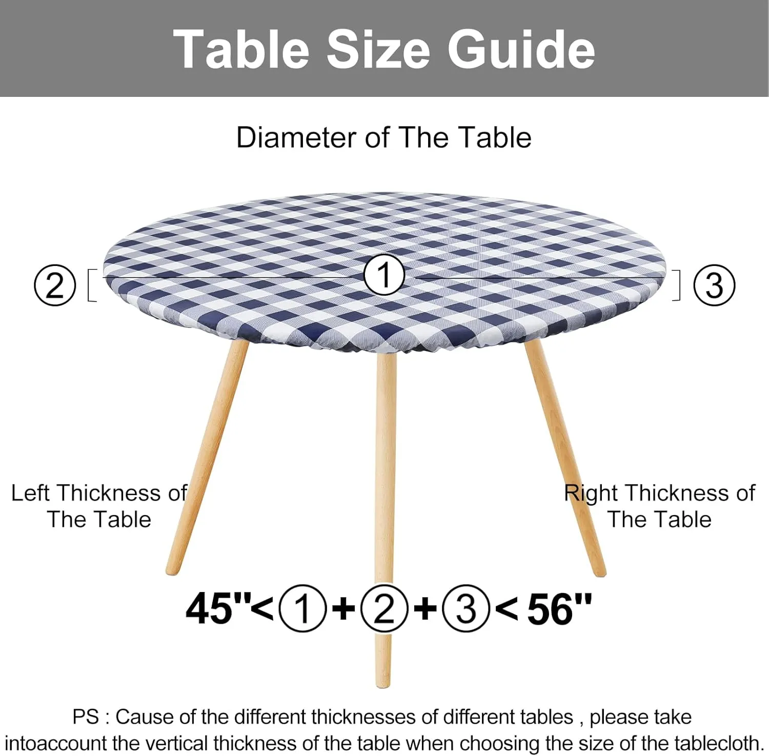 Smiry Round Picnic Table Cloth, Elastic Waterproof Fitted Vinyl Tablecloth for 45"-56" Tables, Flannel Backed Buffalo Plaid Table Covers for Dining, Camping, Outdoor, White and Navy