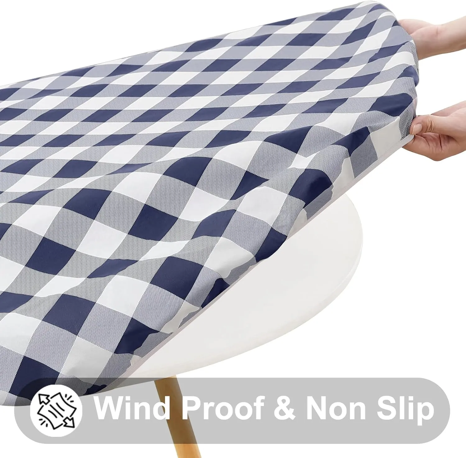 Smiry Round Picnic Table Cloth, Elastic Waterproof Fitted Vinyl Tablecloth for 45"-56" Tables, Flannel Backed Buffalo Plaid Table Covers for Dining, Camping, Outdoor, White and Navy