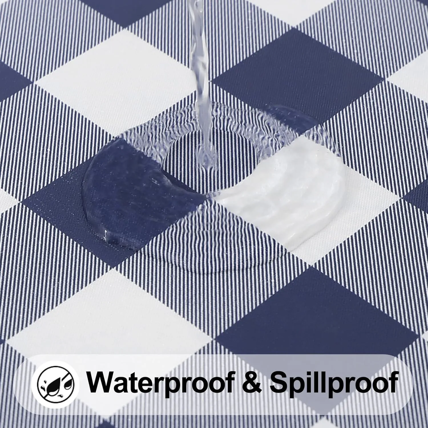Smiry Round Picnic Table Cloth, Elastic Waterproof Fitted Vinyl Tablecloth for 45"-56" Tables, Flannel Backed Buffalo Plaid Table Covers for Dining, Camping, Outdoor, White and Navy