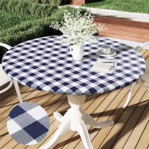 Smiry Round Picnic Table Cloth, Elastic Waterproof Fitted Vinyl Tablecloth for 45"-56" Tables, Flannel Backed Buffalo Plaid Table Covers for Dining, Camping, Outdoor, White and Navy