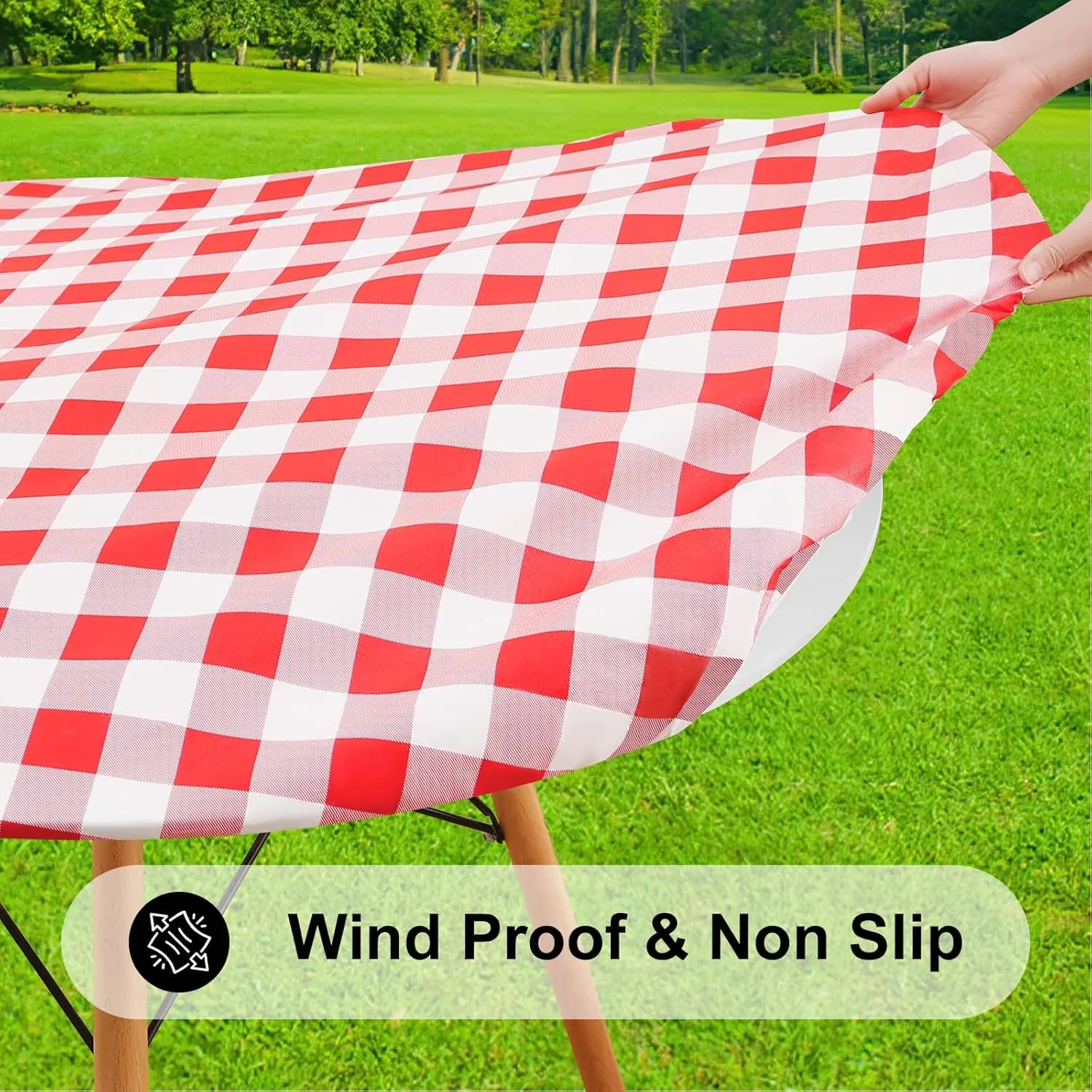 Smiry Round Picnic Table Cloth, Elastic Waterproof Fitted Vinyl Tablecloth for 45"-56" Tables, Flannel Backed Buffalo Plaid Table Covers for Dining, Camping, Outdoor, White and Red