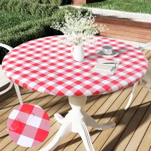 Smiry Round Picnic Table Cloth, Elastic Waterproof Fitted Vinyl Tablecloth for 45"-56" Tables, Flannel Backed Buffalo Plaid Table Covers for Dining, Camping, Outdoor, White and Red