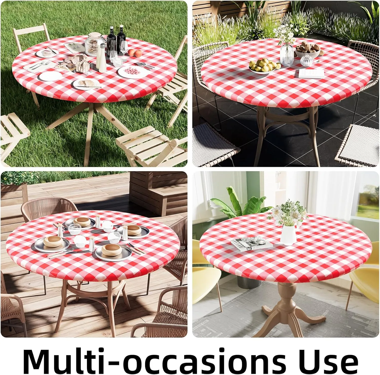Smiry Round Picnic Table Cloth, Elastic Waterproof Fitted Vinyl Tablecloth for 45"-56" Tables, Flannel Backed Buffalo Plaid Table Covers for Dining, Camping, Outdoor, White and Red