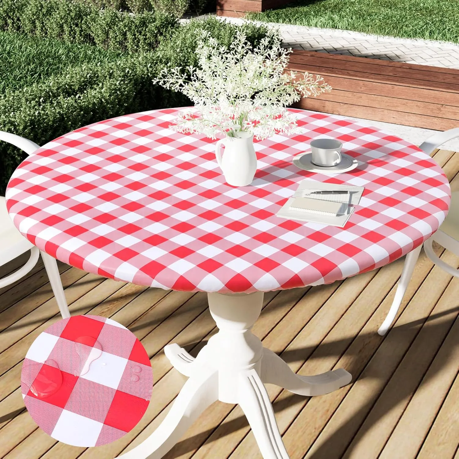 Smiry Round Picnic Table Cloth, Elastic Waterproof Fitted Vinyl Tablecloth for 45"-56" Tables, Flannel Backed Buffalo Plaid Table Covers for Dining, Camping, Outdoor, White and Red