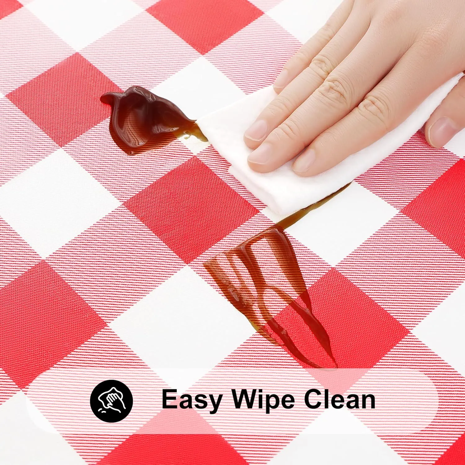 Smiry Round Picnic Table Cloth, Elastic Waterproof Fitted Vinyl Tablecloth for 45"-56" Tables, Flannel Backed Buffalo Plaid Table Covers for Dining, Camping, Outdoor, White and Red