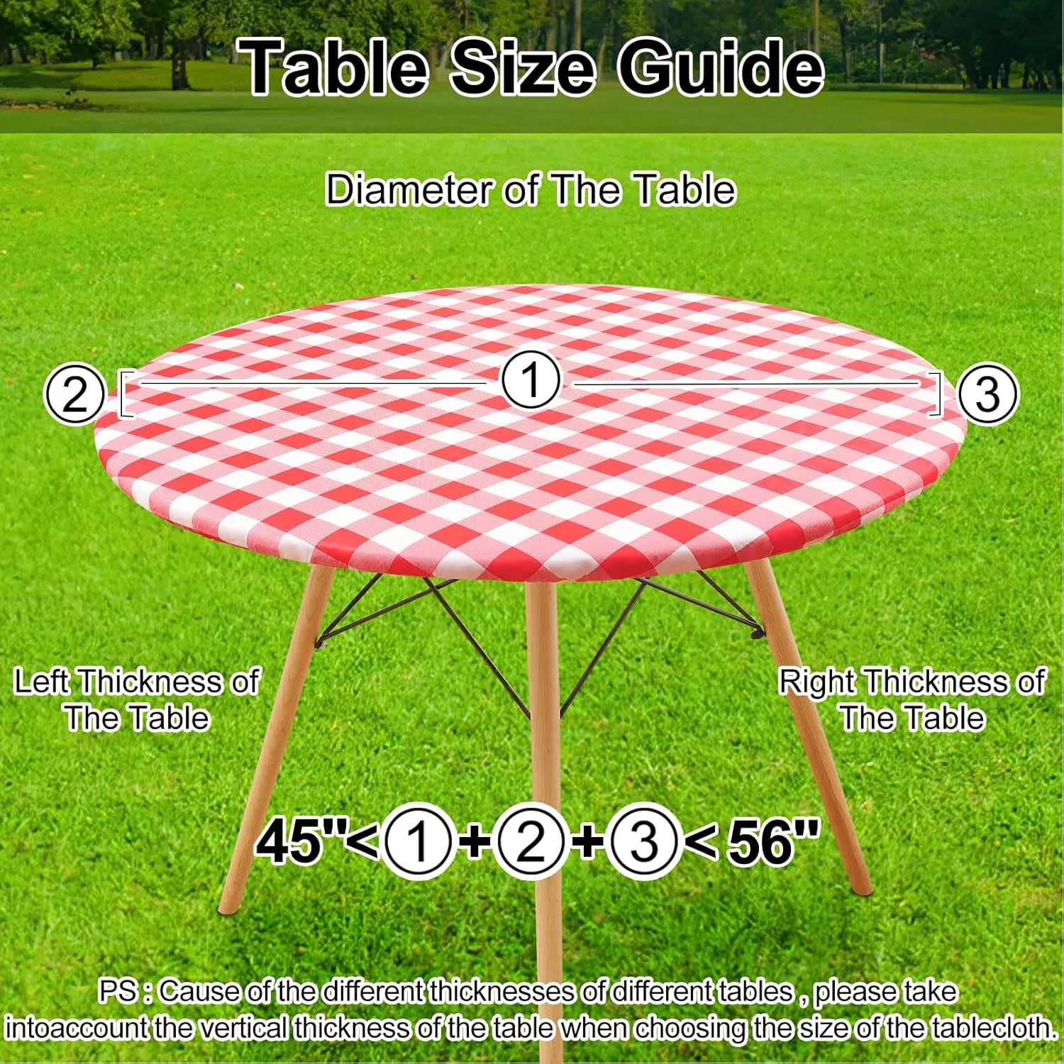 Smiry Round Picnic Table Cloth, Elastic Waterproof Fitted Vinyl Tablecloth for 45"-56" Tables, Flannel Backed Buffalo Plaid Table Covers for Dining, Camping, Outdoor, White and Red