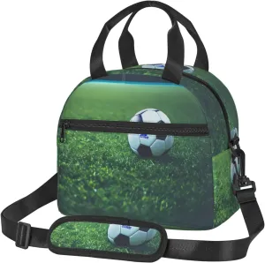 Soccer Ball On Grassy Print Adjustable Shoulder Belt Portable Lunch Tote Bag Cooler Bag Fortravel Office Picnic