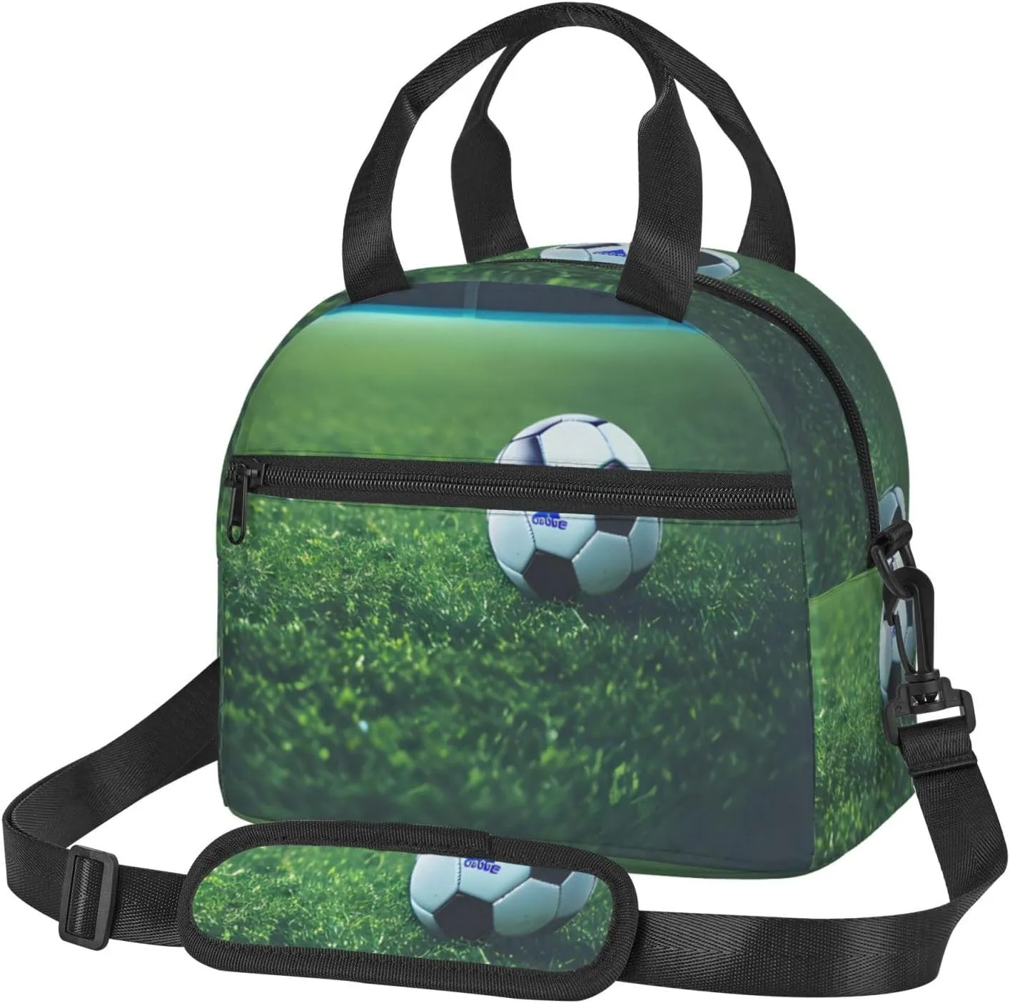 Soccer Ball On Grassy Print Adjustable Shoulder Belt Portable Lunch Tote Bag Cooler Bag Fortravel Office Picnic