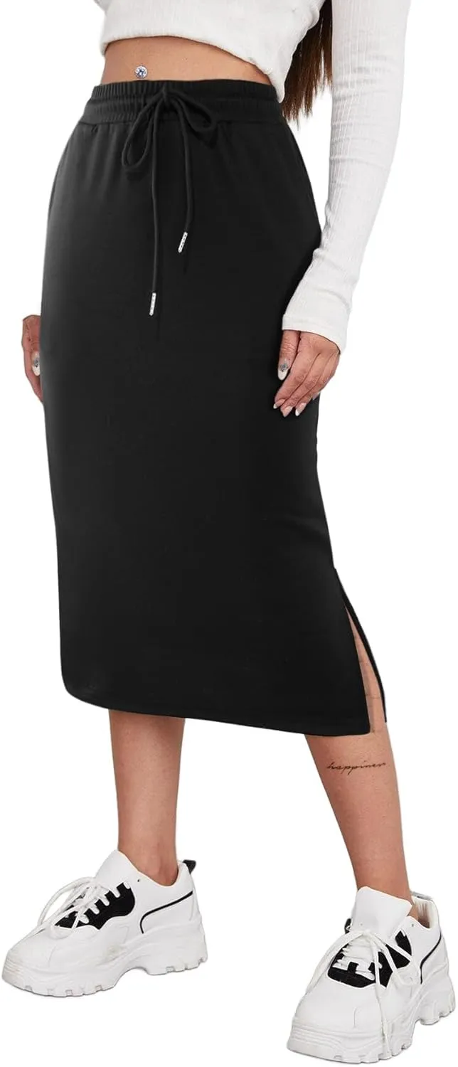SOFIA'S CHOICE Women's Midi Skirt Drawstring High Waist Slit Skirts with Pockets