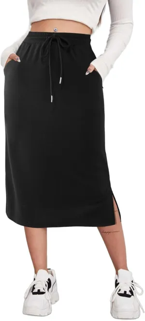 SOFIA'S CHOICE Women's Midi Skirt Drawstring High Waist Slit Skirts with Pockets