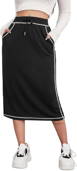 SOFIA'S CHOICE Women's Midi Skirt Drawstring High Waist Sweat Skirts with Pockets