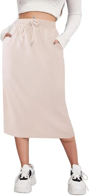 SOFIA'S CHOICE Women's Midi Skirt Drawstring High Waist Sweat Skirts with Pockets